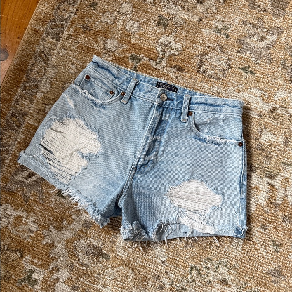Abercrombie & Fitch Light Blue Distressed High-Rise Denim Shorts - Picture 2 of 4